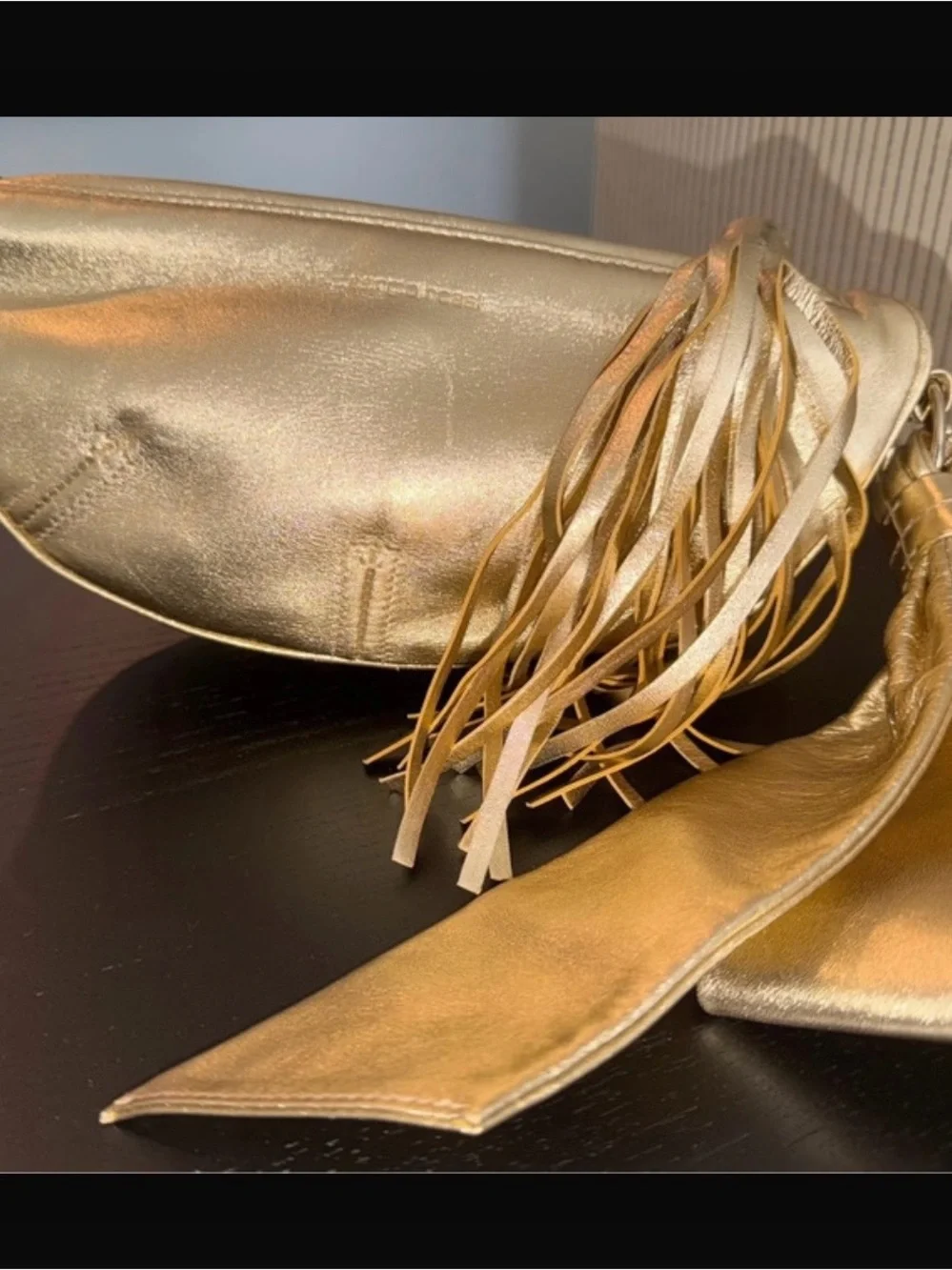 Sergio Rossi Metallic Gold Leather Wristlet Clutch with Tassel